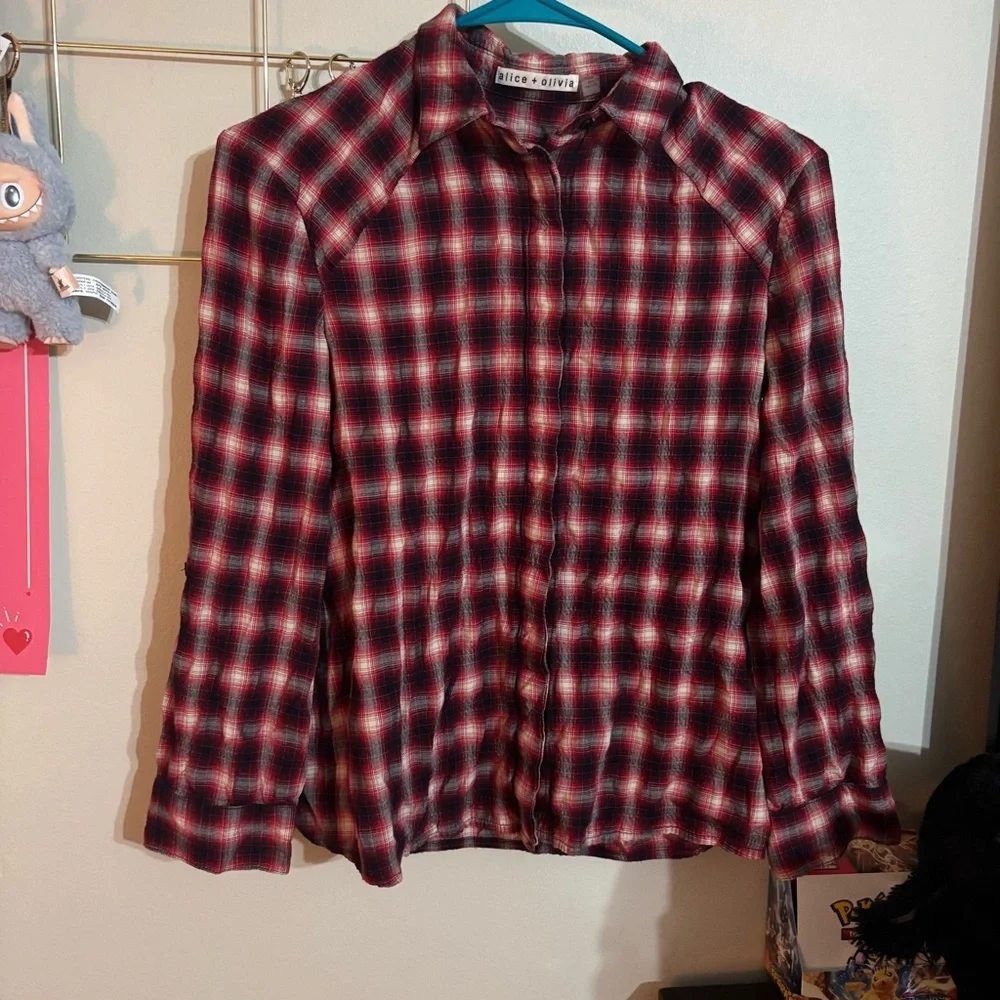 Alice + Olivia Glenna Plaid Roll Cuff Shirt Size XS - Picture 4 of 6